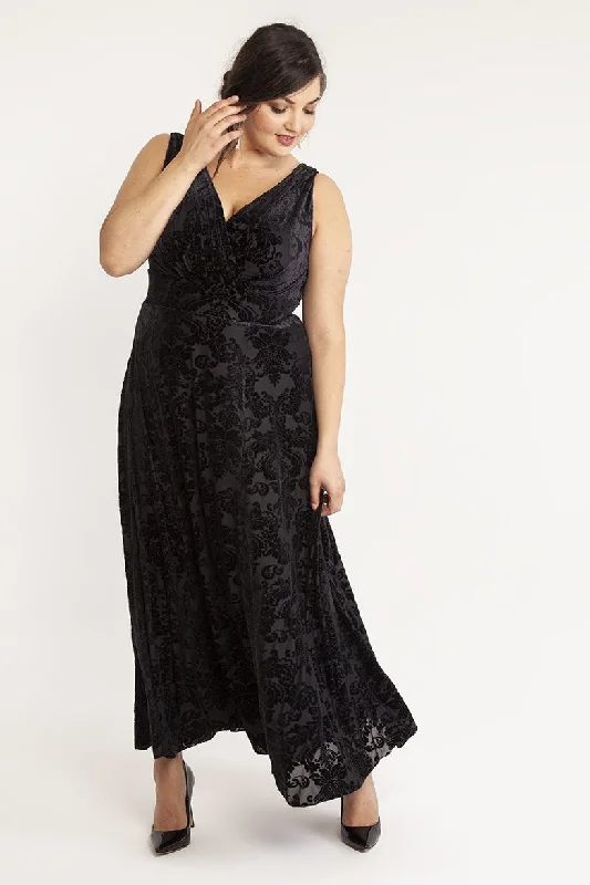 Greta Garbo Black Velvet Devore Maxi Dress Fashionable Layered Maxi Dress