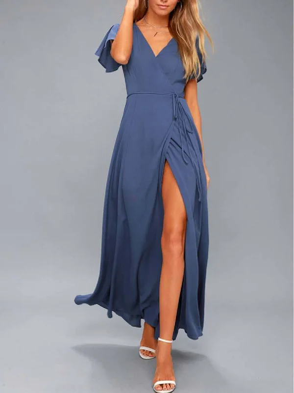 Navy Short Sleeve Sexy Summer V-Neck Maxi Dress Fashionable Asymmetrical Maxi Dress