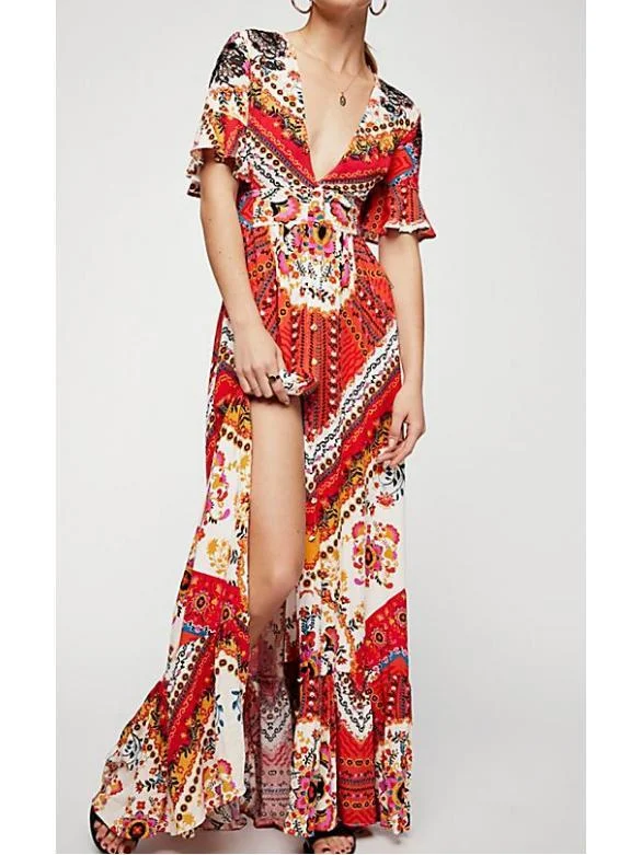 New Printed V Neck Short Sleeve High Split Maxi Dress Comfortable T-Shirt Maxi Dress