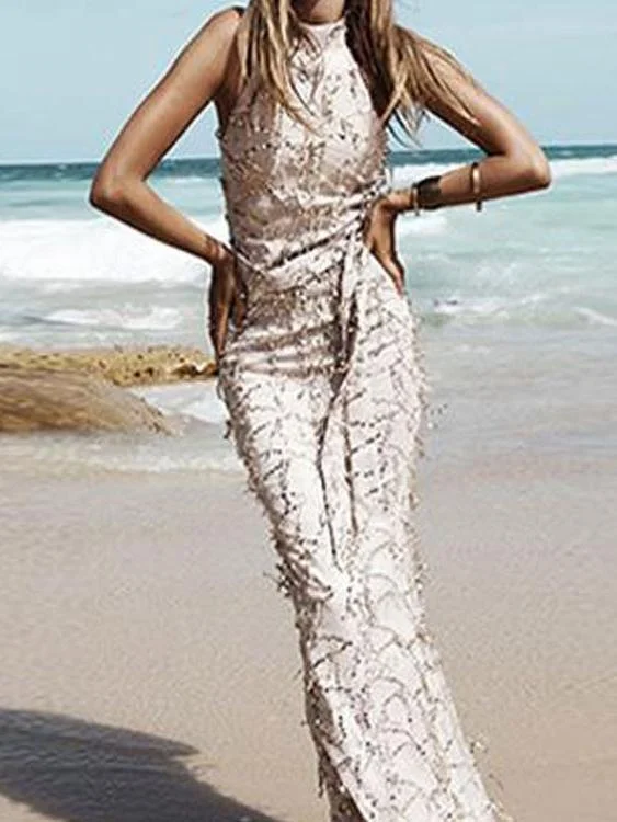 New Summer Hanging Neck Strap Sexy Tassel Sequined Maxi Dress Stylish One-Shoulder Maxi Dress New Summer Hanging Neck Strap Sexy Tassel Sequined Maxi Dress Stylish One-Shoulder Maxi Dress