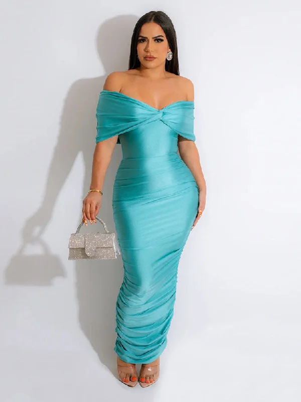 Off Shoulder Ruched Bodycon Maxi Dresses Comfortable Fit-and-Flare Maxi Dress