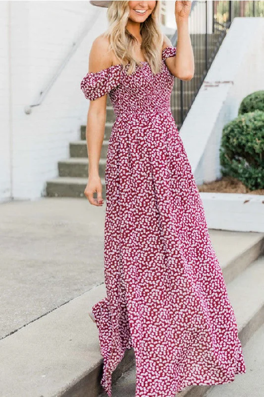 Off-the-shoulder Print Slit Maxi Dress Chic Button-Up Maxi Dress