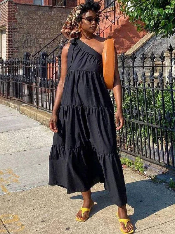 ONE SHOULDER SLEEVELESS SWING MAXI DRESSES Cozy Cold-Shoulder Maxi Dress