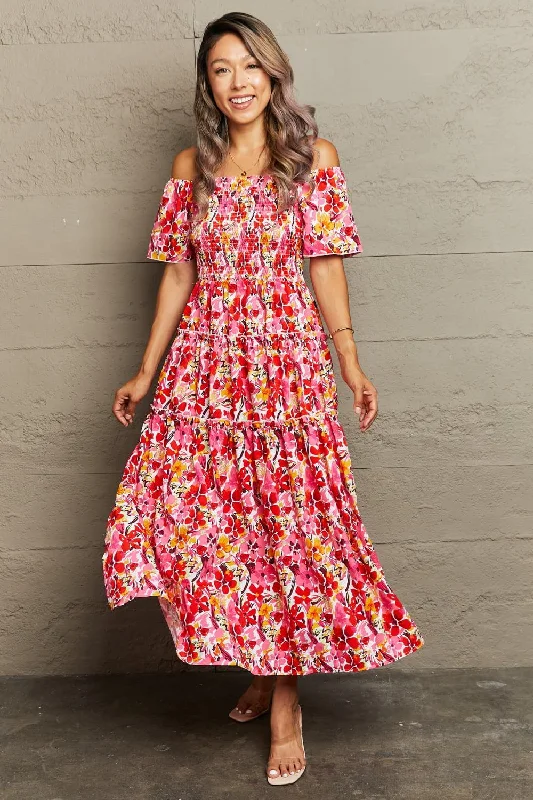 Perfee Floral Off-Shoulder Frill Trim Maxi Dress Trendy Printed Maxi Dress