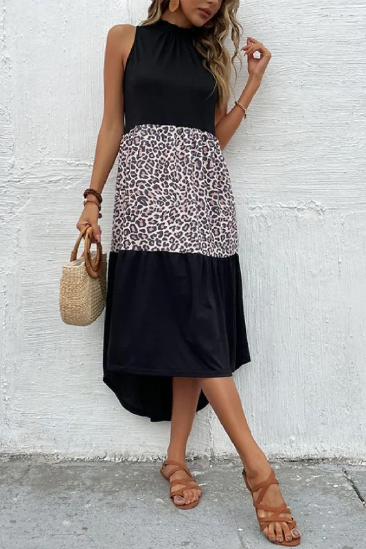 Perfee Leopard Contrast Sleeveless Maxi Dress Classic A-Line Maxi Dress