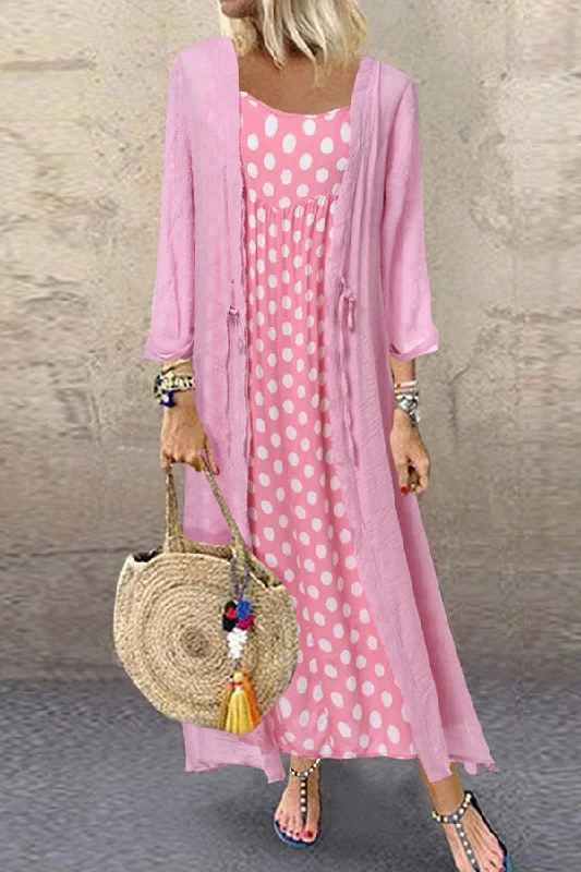 Pink Polka Dot Two-piece Maxi Dress Stylish One-Shoulder Maxi Dress