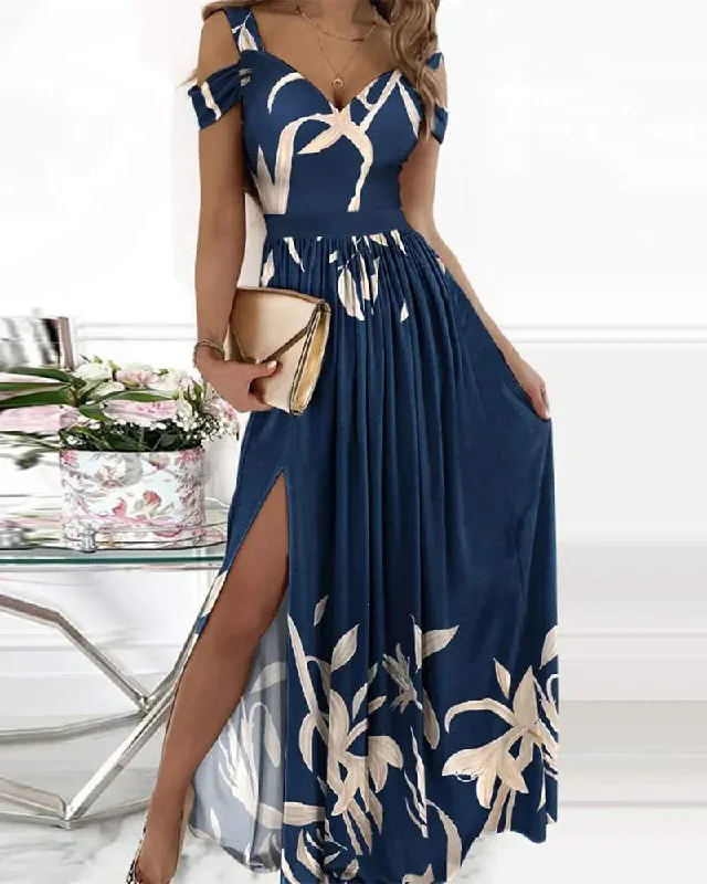 PLANTS PRINT COLD SHOULDER HIGH SLIT MAXI DRESS Elegant Maxi Dress with Pockets