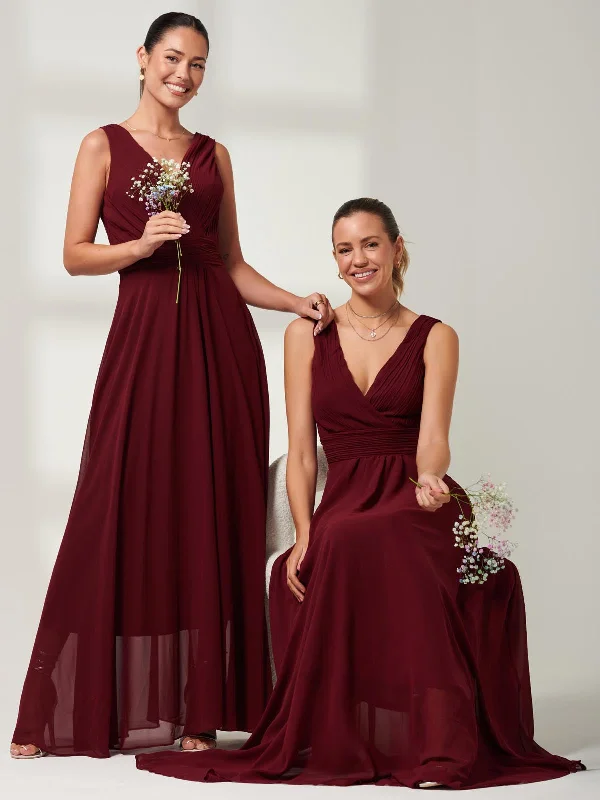 Pleated Bodice Chiffon Maxi Dress, Burgundy Elegant Wraparound Maxi Dress
