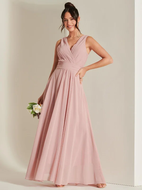 Pleated Bodice Chiffon Maxi Dress, Mauve Pink Stylish Pleated A-Line Maxi Dress