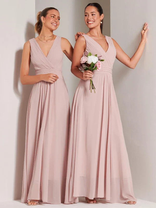 Pleated Bodice Chiffon Maxi Dress, Dusty Pink Fashionable High-Waist Maxi Dress
