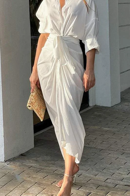 PLEATED TIE SHIRT MAXI DRESS Stylish Maxi Dress with Pleats