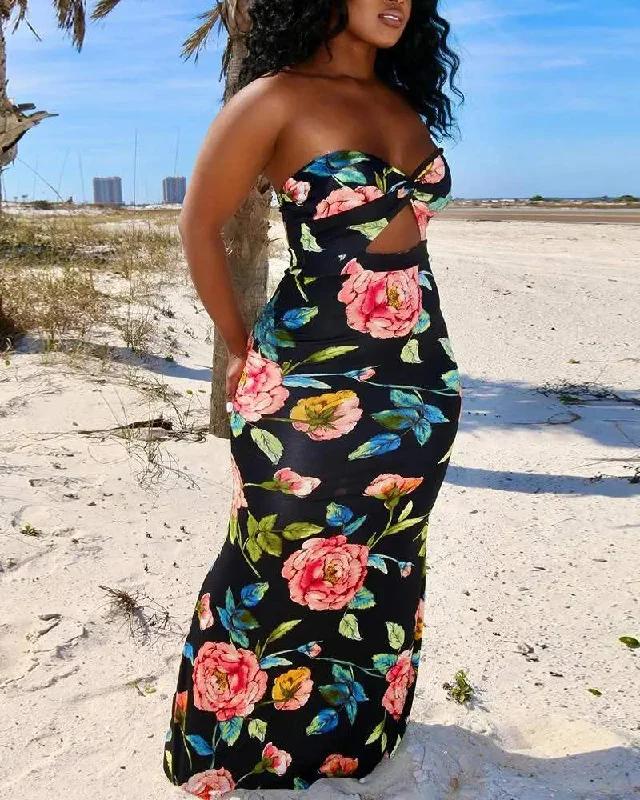 PLUS SIZE FLORAL PRINT BANDEAU TWISTED MAXI DRESS Trendy Maxi Dress with Straps