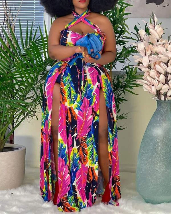 Plus Size Halter Feather Print High Slit Maxi Dress Stylish Boho Chic Maxi Dress