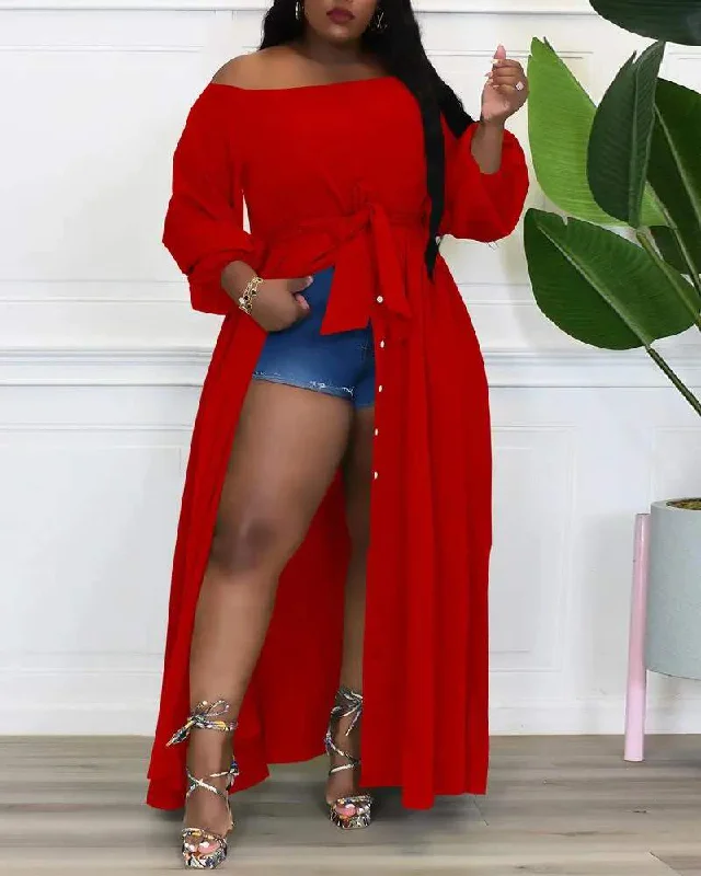PLUS SIZE OFF SHOULDER BUTTON FRONT SLIT MAXI DRESS Cozy Cold-Shoulder Maxi Dress