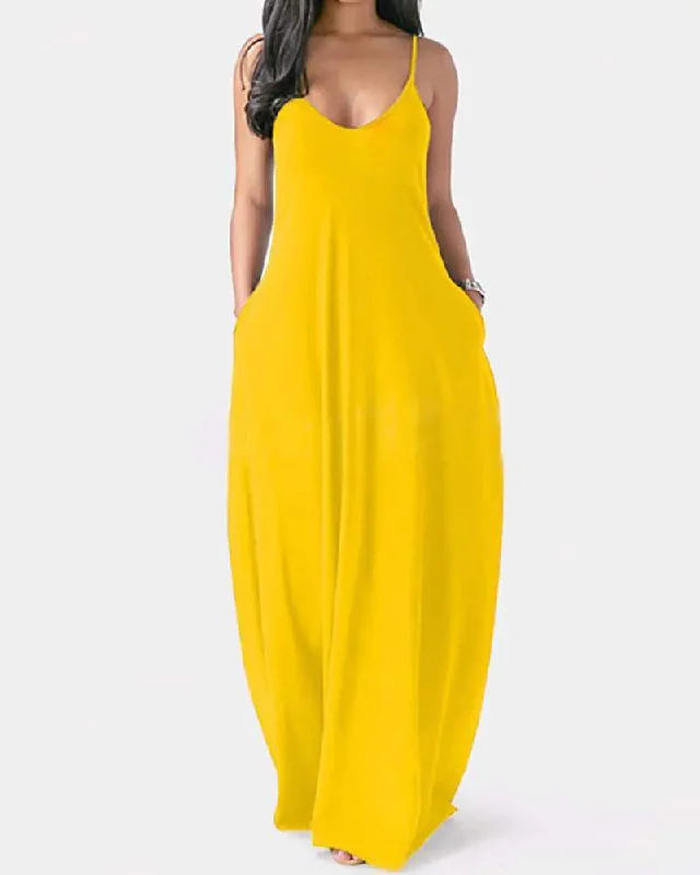 POCKET DESIGN V NECK SPAGHETTI STRAP MAXI DRESS Trendy Fit-and-Flare Maxi Dress