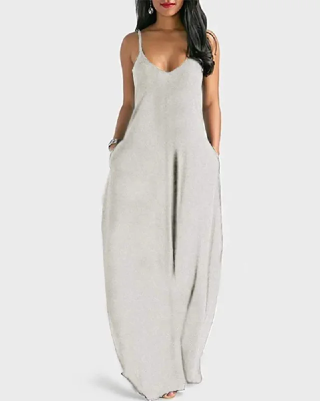 POCKET DESIGN V NECK SPAGHETTI STRAP MAXI DRESS Cozy Ruffle Sleeve Maxi Dress