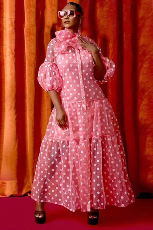 POLKA DOTS SHEER MAXI DRESS Stylish Maxi Dress with Frills