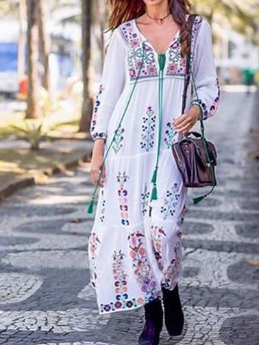 Print Long Sleeve Embroidered Bohemia Beach Maxi Dress Stylish V-Neck Maxi Dress
