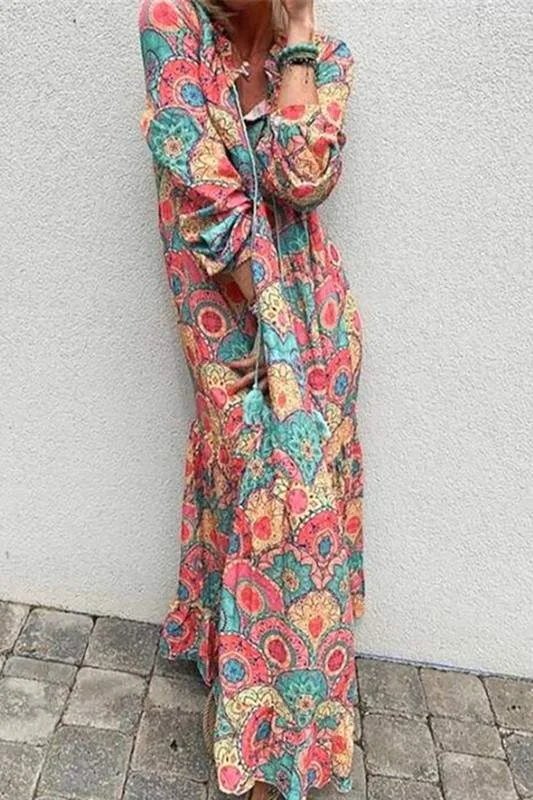 PRINT LONG SLEEVE MAXI DRESS Trendy A-Line Maxi Dress