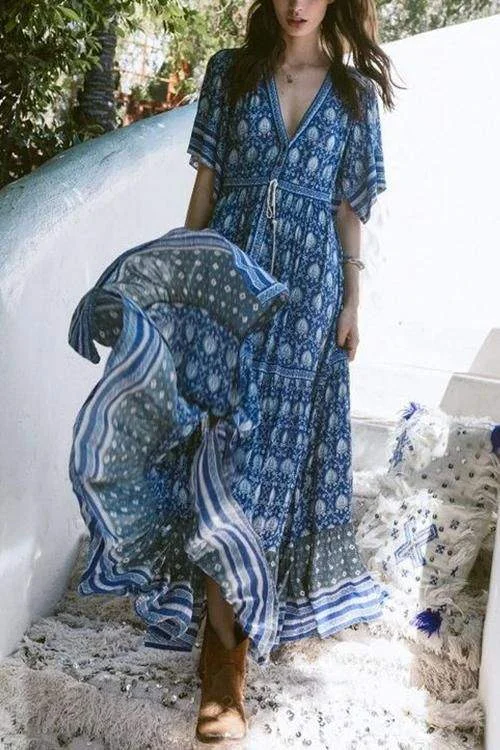 PRINT V NECK SHORT SLEEVE MAXI DRESS Fashionable High-Waist Maxi Dress
