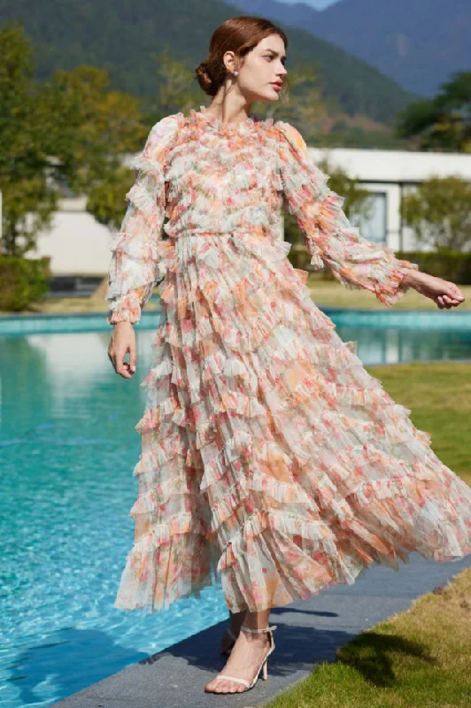 Printed Floral Tulle Ruffle Maxi Dress Fashionable Printed Maxi Dress