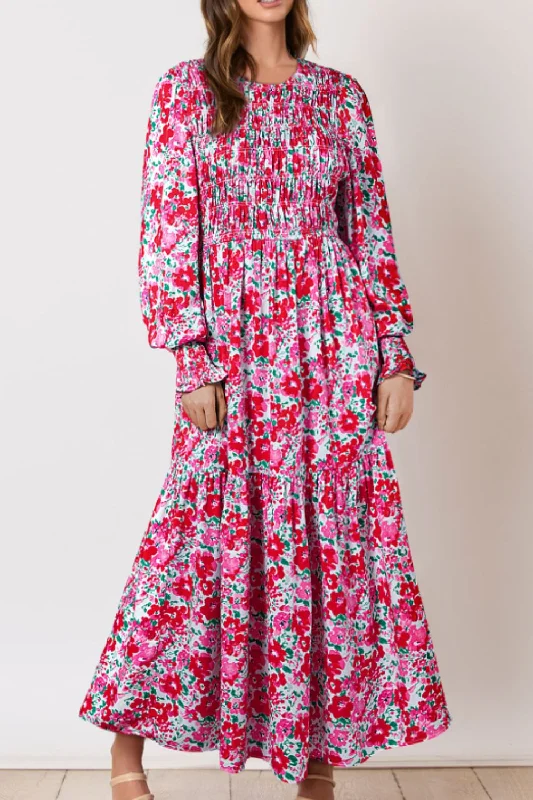 Printed Round Neck Lantern Sleeve Maxi Dress Trendy V-Neck Maxi Dress