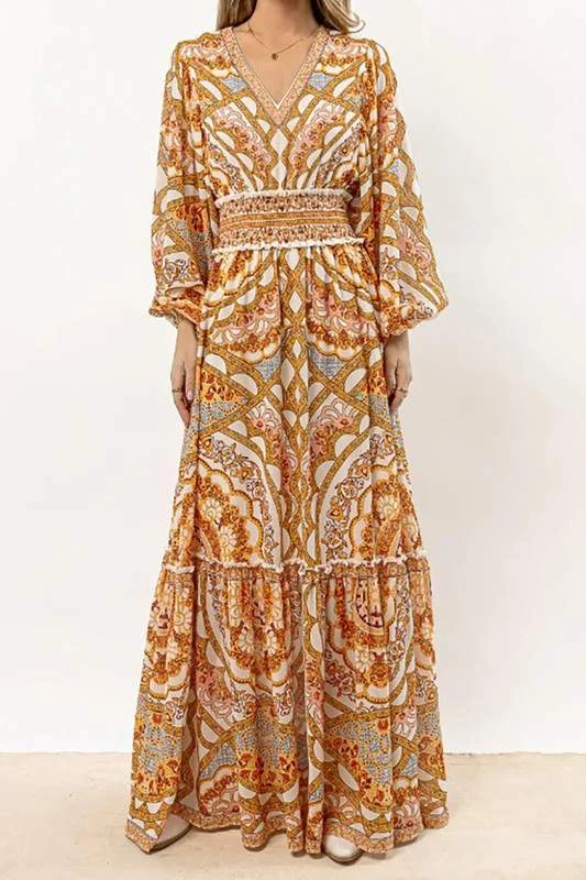 PRINTED V NECK LONG BALLOON SLEEVE MAXI DRESS Stylish Long Sleeve Maxi Dress