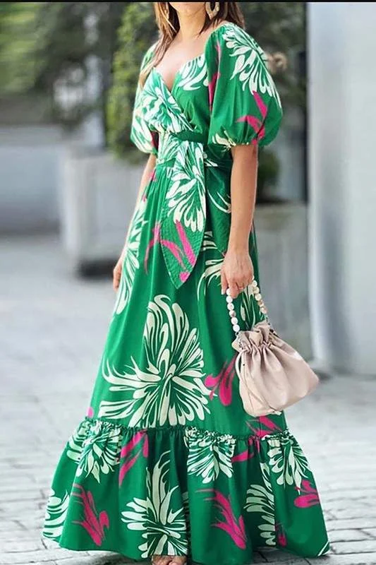 PUFF SLEEVE V NECK PRINT MAXI DRESS Cozy Open-Back Maxi Dress