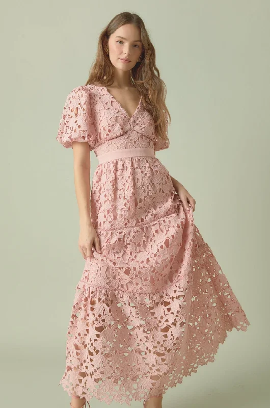 Puff Sleeve Lace Tiered Maxi Dress Fashionable High-Waist Maxi Dress