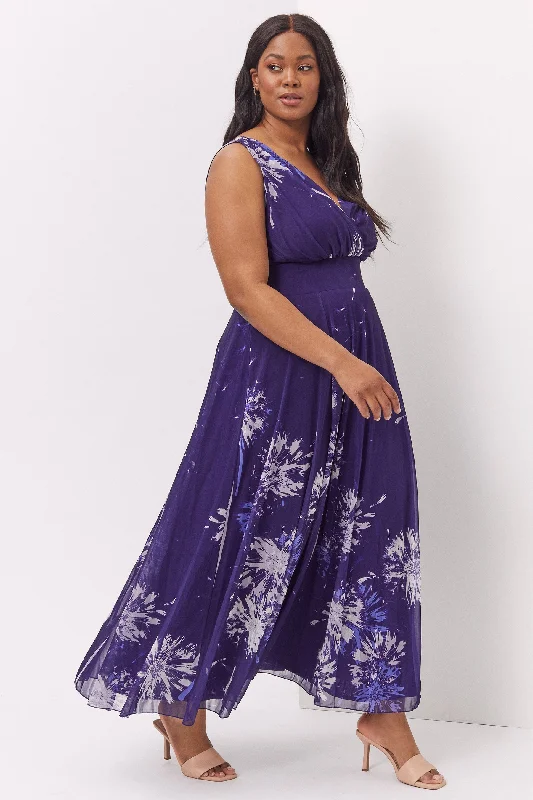 Martha Purple Print Maxi Dress Comfortable Fit-and-Flare Maxi Dress