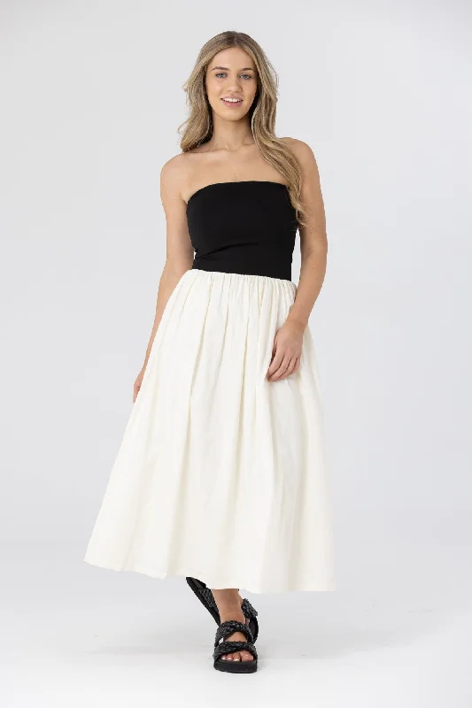 RAYE STRAPLESS MAXI DRESS - Black/White Trendy Maxi Dress with Belt