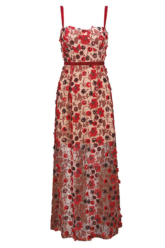 Red Applique See-through Maxi Dress Chic Sleeveless Maxi Dress