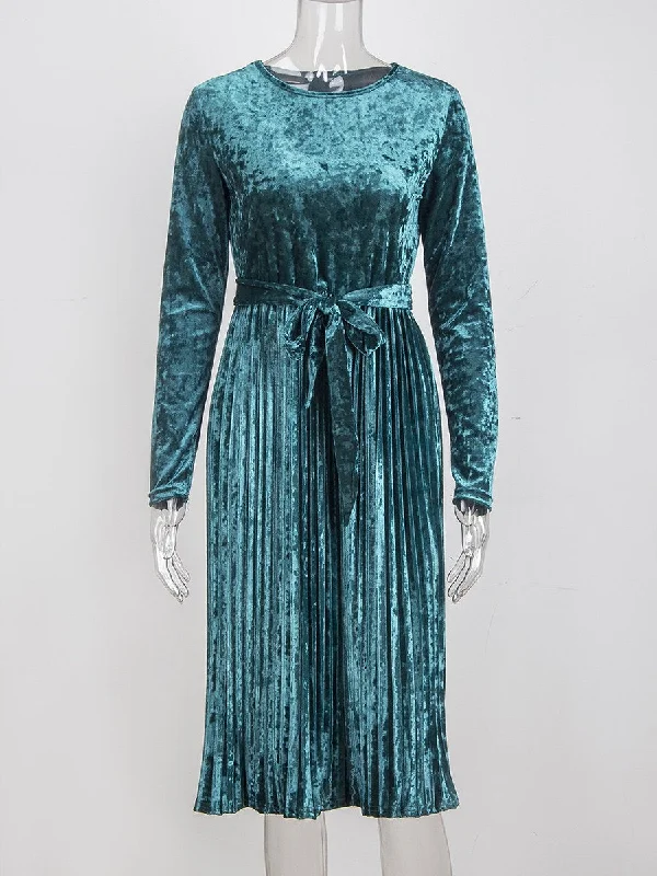 Round Neck Pleated Long Sleeves Belt Maxi Dress Elegant Pleated Maxi Dress