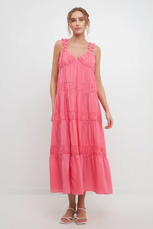 Ruched Layered Sweetheart Maxi Dress Comfortable Maxi Dress with Slits