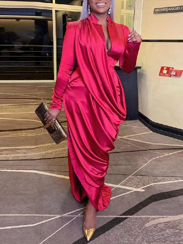 Ruched Long Sleeve Asymmetrical Maxi Dress Comfortable Maxi Dress with Belt