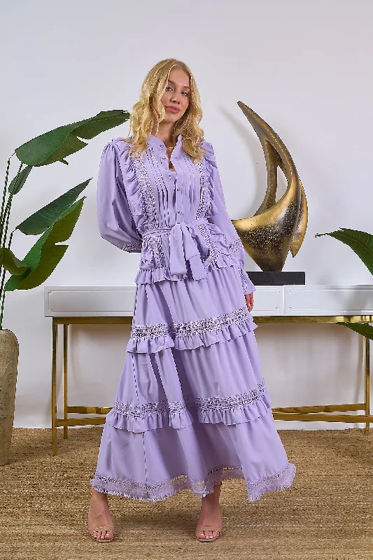 Ruffle Lace Maxi Dress Comfortable Plunging Neckline Maxi Dress