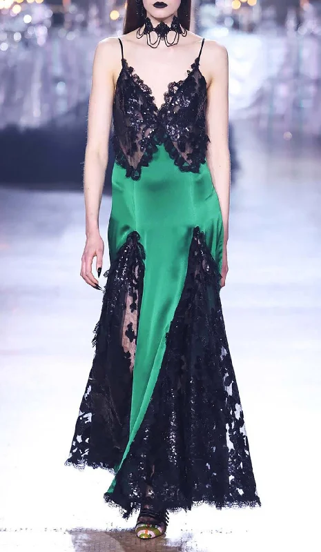RUFFLED SILK SATIN MAXI DRESS IN GREEN Stylish Long Sleeve Maxi Dress