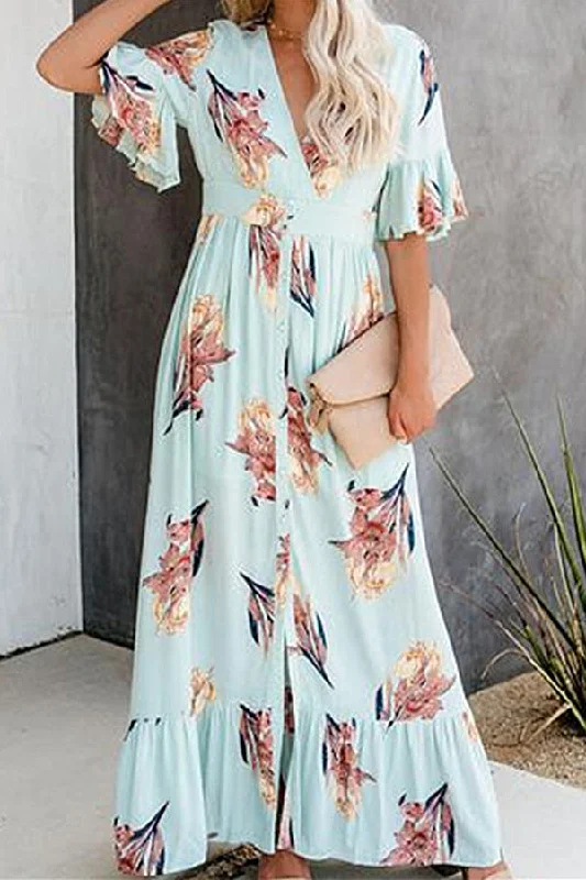 Ruffled V-neck Printed Maxi Dress Trendy Maxi Dress with Bow