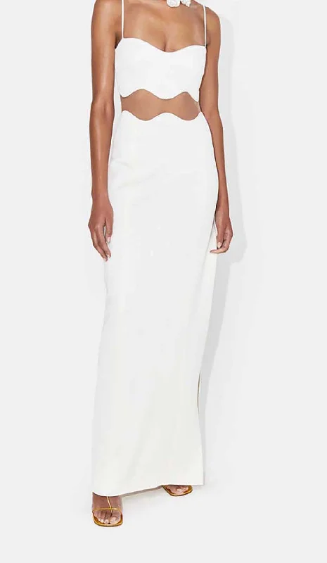 SCALLOPED MESH INSERT MAXI DRESS IN WHITE Fashionable Asymmetrical Maxi Dress
