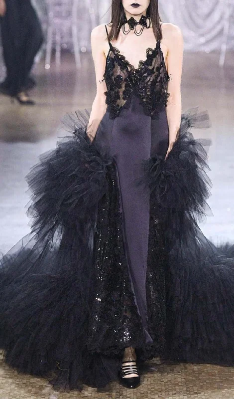 SEQUIN LACE MAXI DRESS BLACK Elegant Tiered Maxi Dress