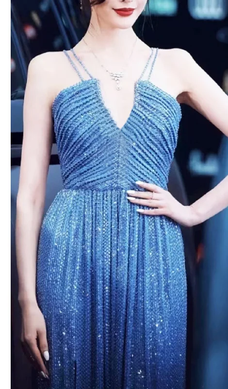 SEQUIN SLEEVELESS MAXI DRESS IN BLUE Comfortable Flowy Maxi Dress