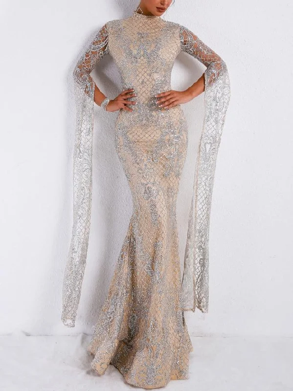Silver High Collar Long Sleeve Flash Dusting Elegant Red Carpet Maxi Dress Cozy Wrap Maxi Dress Silver High Collar Long Sleeve Flash Dusting Elegant Red Carpet Maxi Dress Cozy Wrap Maxi Dress