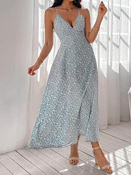 Sleeveless V Neck Flowy Spaghetti Strap Maxi Dress Comfortable Bohemian Maxi Dress