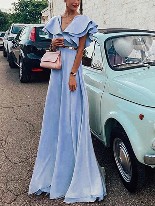 Solid Color V Neck Elegant Evening Party Maxi Dress Elegant Maxi Dress with Pockets