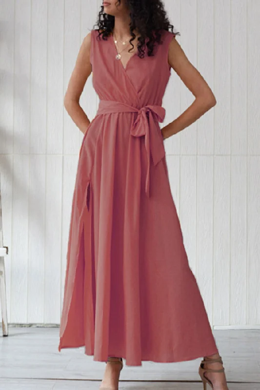 Solid V-neck Lace-up Slit Maxi Dress Comfortable Ruffle Maxi Dress