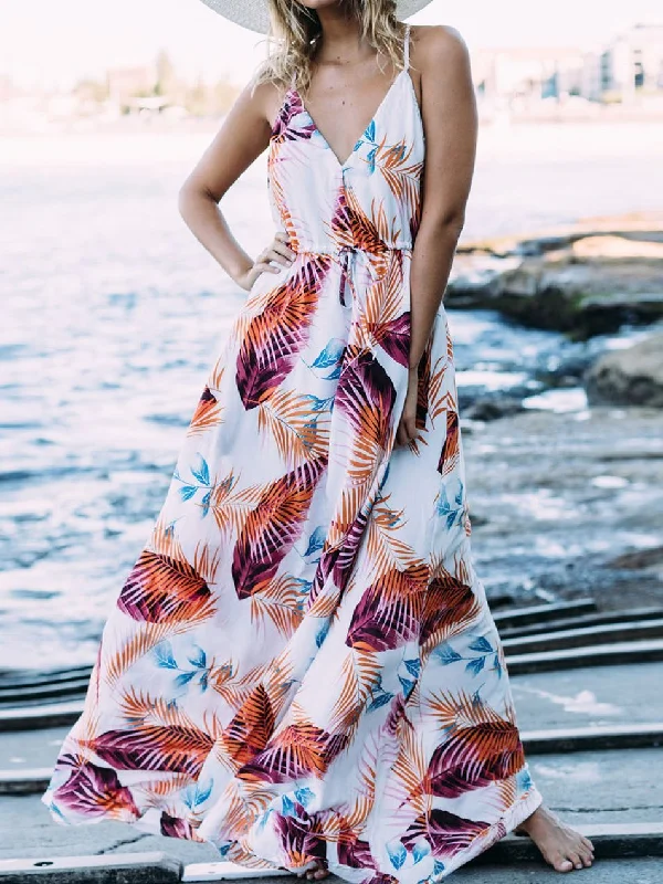 Spaghetti Stripe Printed Beach Bohemia Maxi Dress Stylish Pleated A-Line Maxi Dress