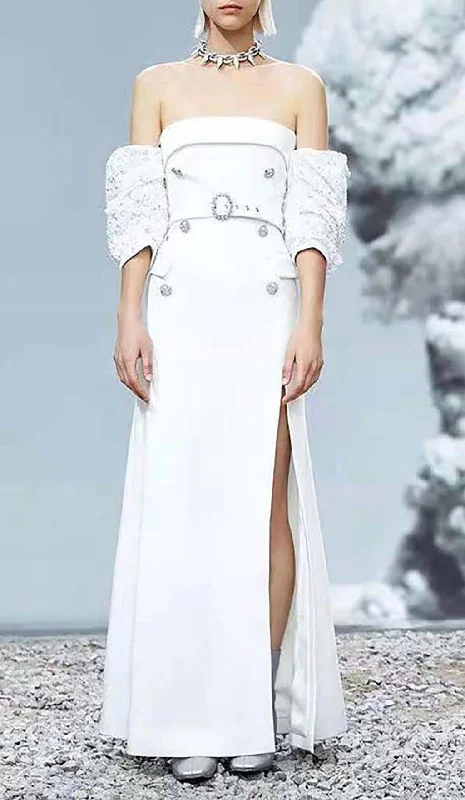 STRAPLESS SPLIT MAXI DRESS IN WHITE Chic Button-Up Maxi Dress