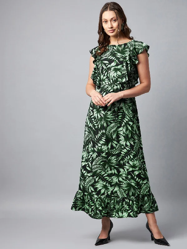 Green & Black Polyester Puff Sleeve Smock Floral Maxi Dress Casual Maxi Dress with Pockets Green & Black Polyester Puff Sleeve Smock Floral Maxi Dress Casual Maxi Dress with Pockets