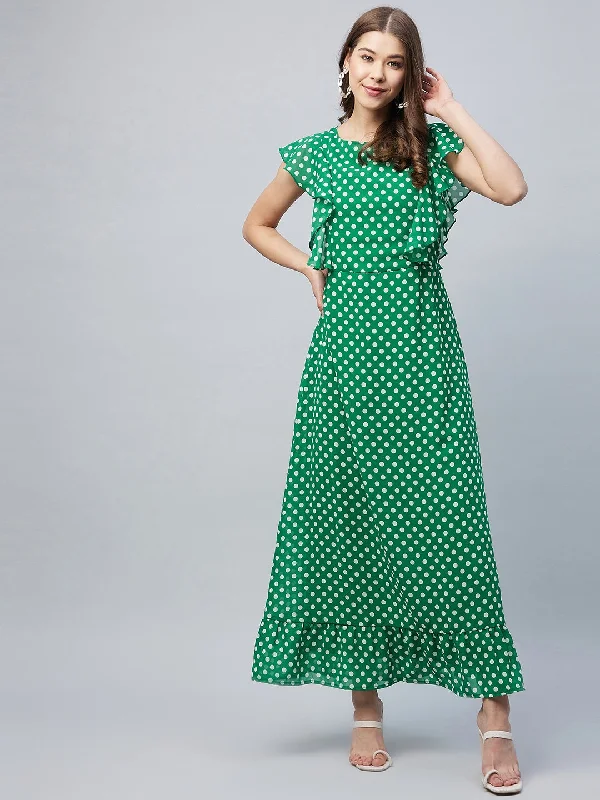 Green Polyester Polka Maxi Dress With Flutter Sleeves Comfortable Fit-and-Flare Maxi Dress Green Polyester Polka Maxi Dress With Flutter Sleeves Comfortable Fit-and-Flare Maxi Dress