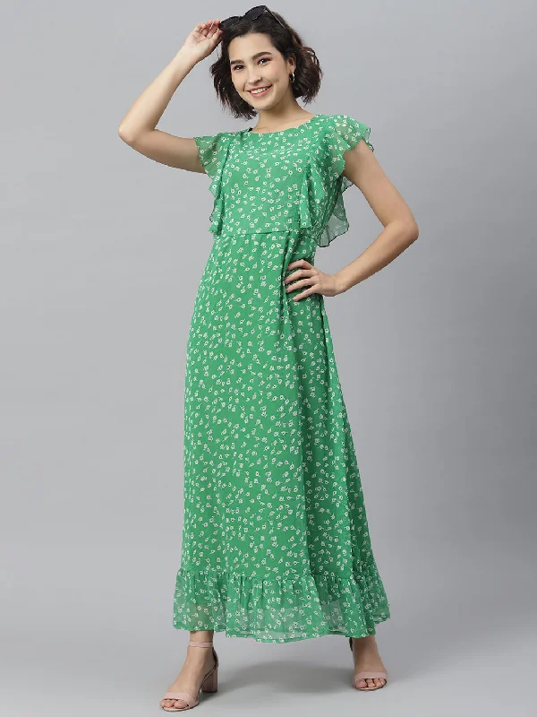 Green Polyester Printed Maxi Dress Trendy Satin Maxi Dress